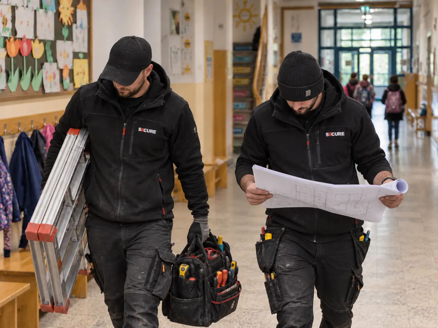 Technici SECURE pri obhliadke školy